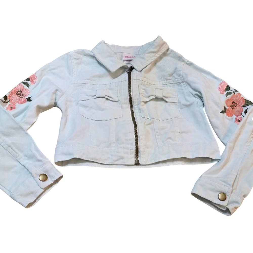 Little Lass Girls Cropped Denim Jacket Size 6 Light Blue Floral Embroidered